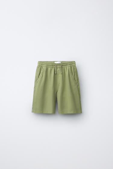 LOOSE-FITTING LINEN BLEND BERMUDA SHORTS - Olive green by Zara