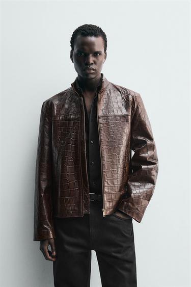 EMBOSSED LEATHER JACKET - Brown by Zara