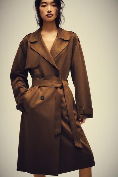 LONG FAUX SUEDE TRENCH COAT WITH BELT - Brown by Zara