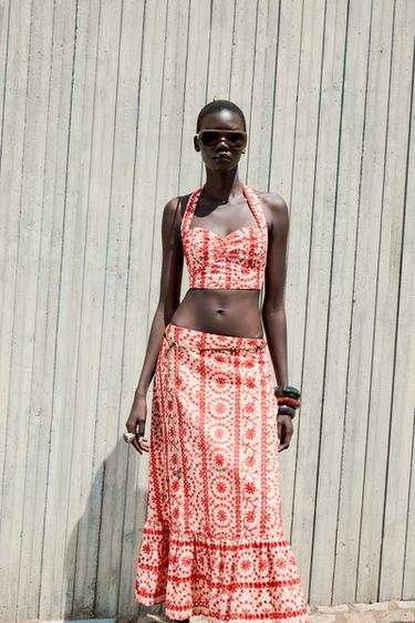 MIDI SKIRT WITH CUTWORK EMBROIDERY - Red by Zara