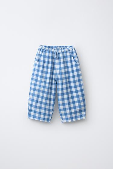 TEXTURED GINGHAM TROUSERS - Ecru / Blue by Zara
