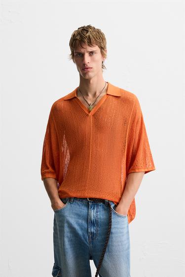 LACE KNIT POLO SHIRT - Orange by Zara