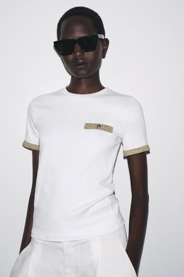 METALLIC THREAD T-SHIRT - White by Zara