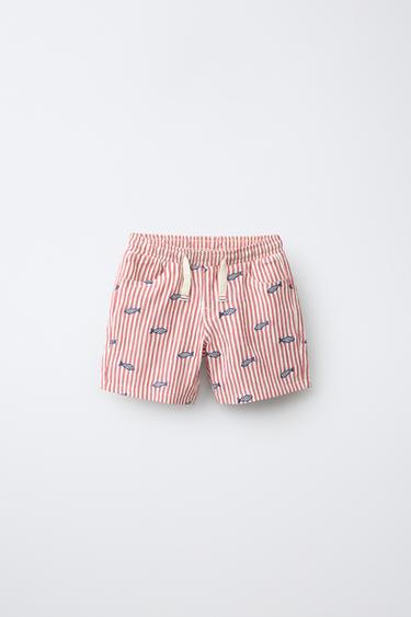SEERSUCKER STRIPED BERMUDA SHORTS WITH FISH EMBROIDERY - White / Red by Zara