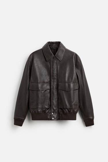 LEATHER JACKET WITH POCKETS - Brown by Zara