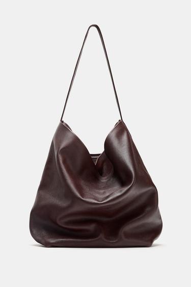LEATHER DOUBLE COMPARTMENT BUCKET BAG - Burgundy Red by Zara