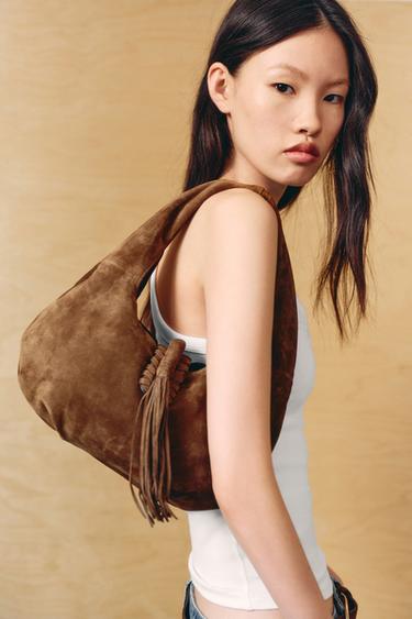 FRINGED SPLIT SUEDE SHOULDER BAG - Chocolate by Zara