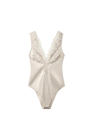ZW COLLECTION SATIN LACE BODYSUIT - Oyster-white by Zara