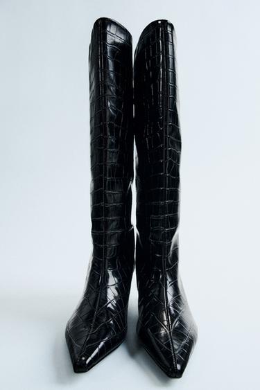CROCODILE EFFECT KITTEN HEEL BOOTS - Black by Zara
