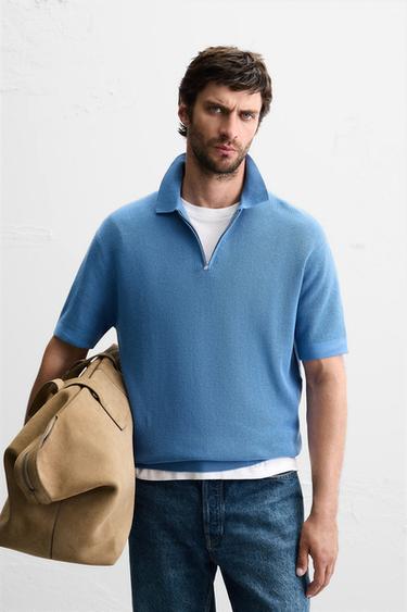 PEARL KNIT POLO SHIRT WITH ZIP - Bluish by Zara