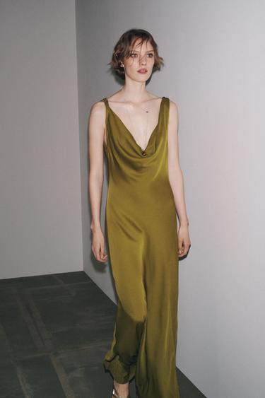 ZW COLLECTION LONG SATIN DRESS - Olive green by Zara