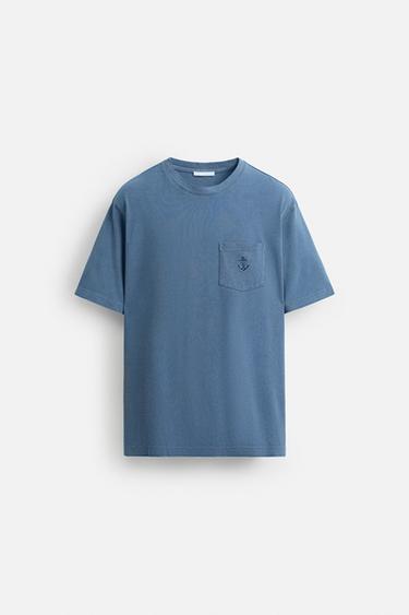 EMBROIDERED PIQUÉ T-SHIRT - Faded blue by Zara