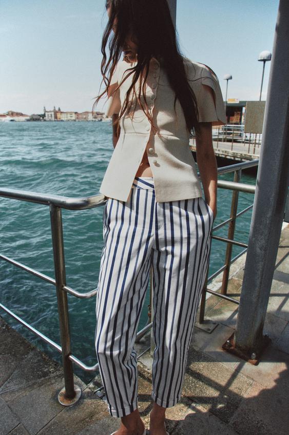 STRIPED CHINOS - Ecru / Navy by Zara - Image 0