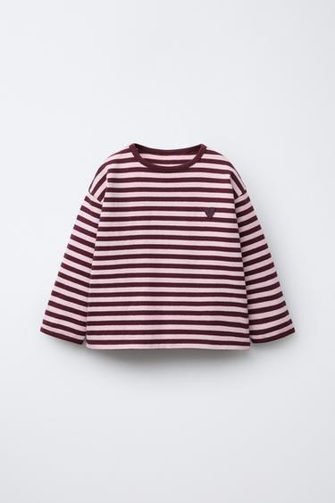 HEAVY WEIGHT WOVEN STRIPE T-SHIRT WITH HEART PATCH - Burgundy by Zara - Image 0