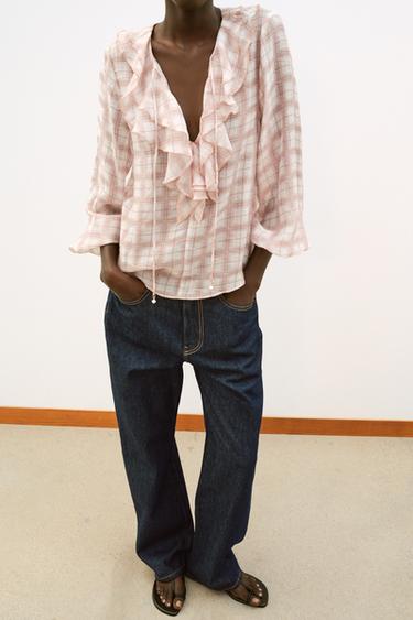 RUFFLED CHECK BLOUSE - Pinks by Zara