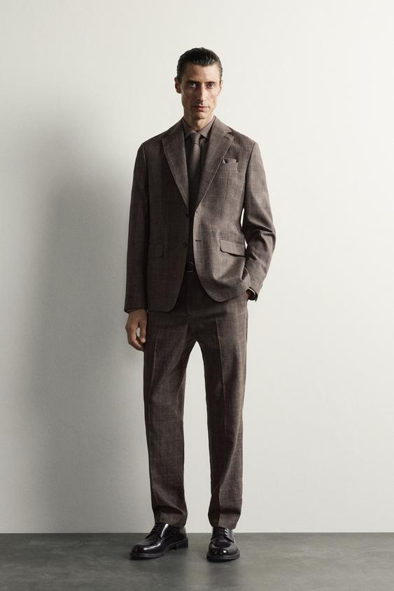 LINEN AND WOOL CHECK SUIT TROUSERS - Brown by Zara - Image 0