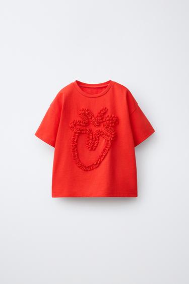 T-SHIRT WITH LETTUCE-EDGE PRINT - Red by Zara