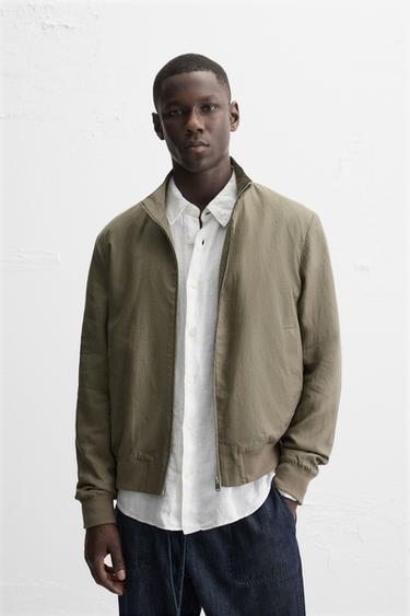 100% LINEN BOMBER JACKET - Light khaki by Zara