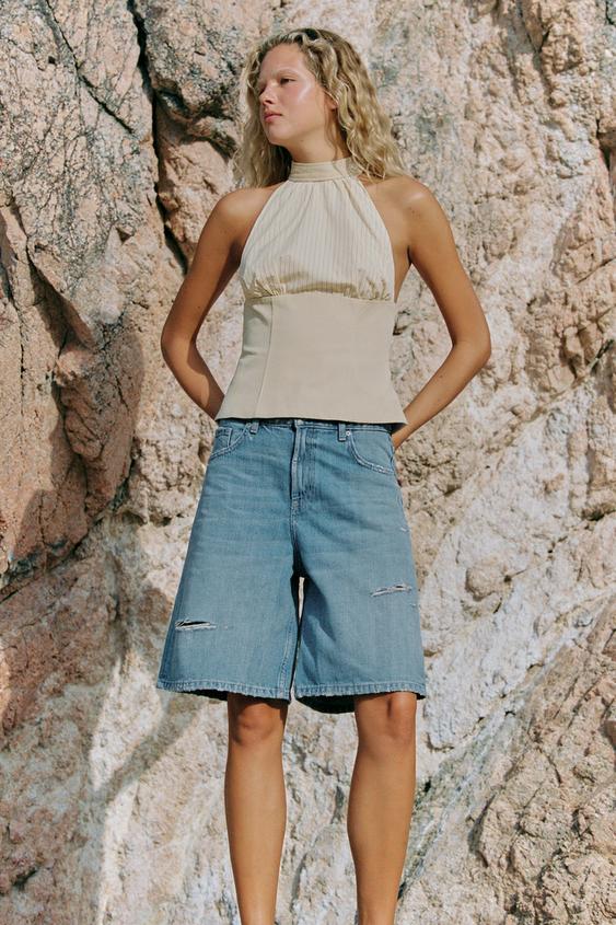 TRF MID-WAIST RIPPED BAGGY DENIM BERMUDA SHORTS - Blue by Zara - Image 0
