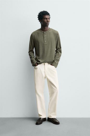 STRIPED T-SHIRT WITH BUTTON NECKLINE - Green by Zara