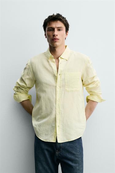 REGULAR FIT LINEN/COTTON SHIRT - Yellow by Zara