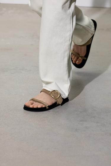 FLAT SPLIT SUEDE STRAPPY SANDALS - Sand Brown by Zara