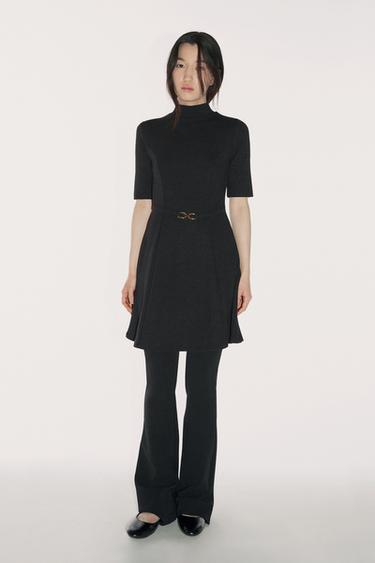 STRETCH KNIT SKATER DRESS WITH BELT - Black by Zara