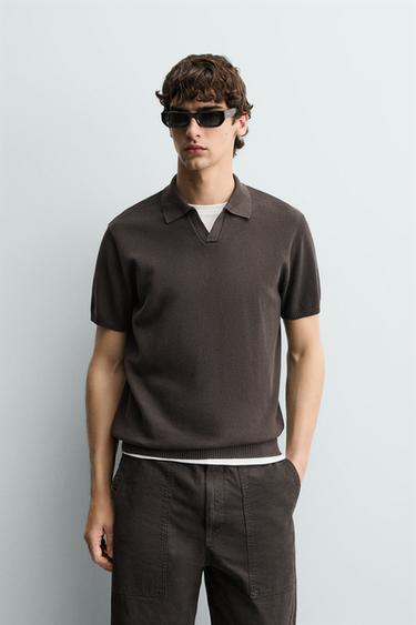 TEXTURED KNIT POLO SHIRT - Chocolate by Zara