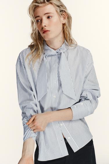 STRIPED POPLIN SHIRT WITH SCARF DETAIL - White / Green by Zara