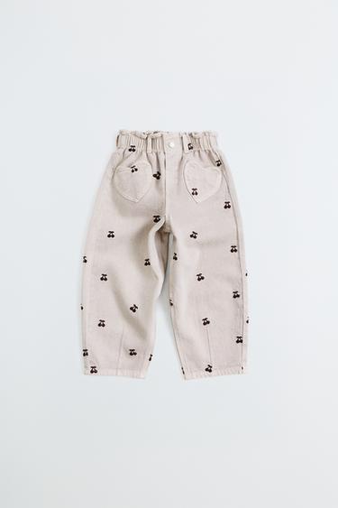 BAGGY TWILL TROUSERS WITH EMBROIDERED CHERRIES - Beige by Zara