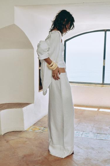 ZW COLLECTION 100% LINEN PALAZZO TROUSERS - Oyster-white by Zara