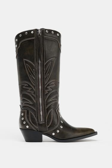 COWBOY STUDDED BOOTS - Brown by Zara