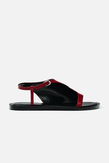 ASYMMETRIC FLAT LEATHER SANDALS - Red by Zara