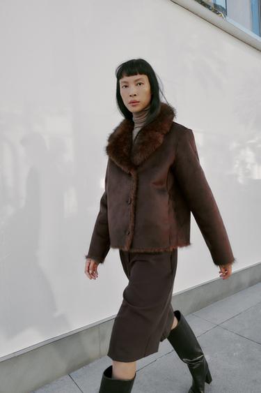 REVERSIBLE DOUBLE-FACED FAUX FUR JACKET - Dark brown by Zara