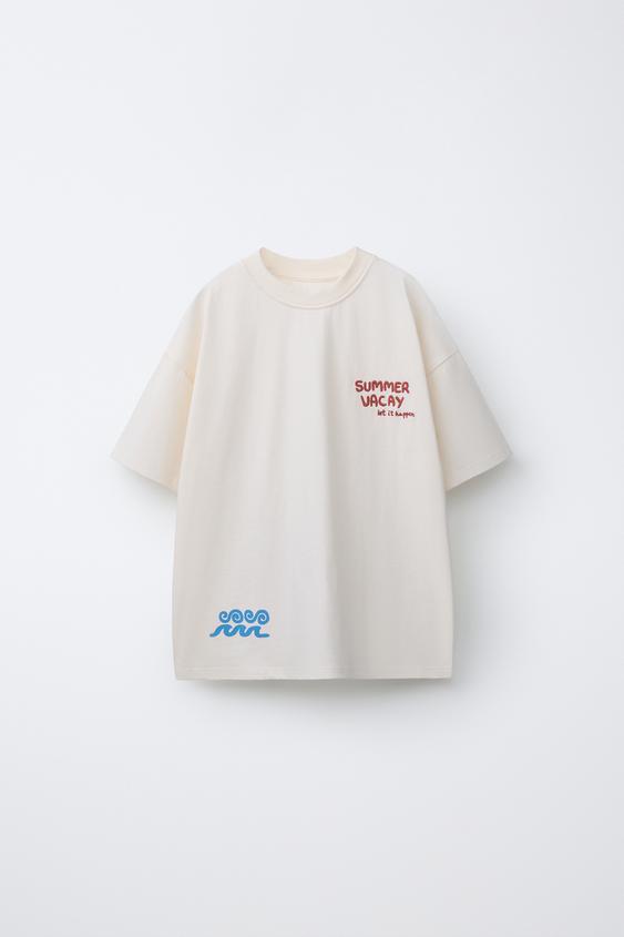 EMBROIDERED AND PRINTED T-SHIRT - Oyster-white by Zara - Image 0