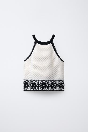 FLORAL HALTER NECK CROCHET KNIT TOP - Ecru by Zara