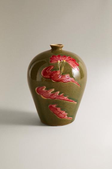 STONEWARE VASE WITH RED FLOWER - Dark green by Zara