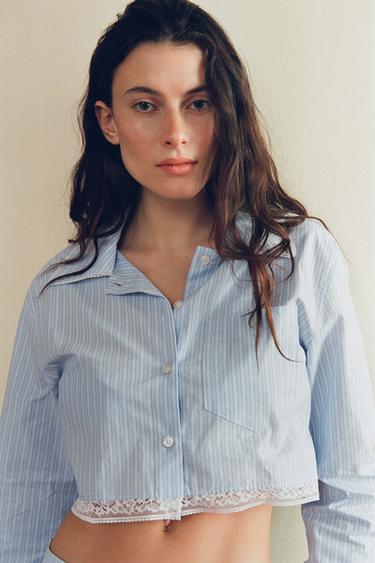 CROPPED SHIRT AND LACE STRIPED TOP - Light blue by Zara - Image 0