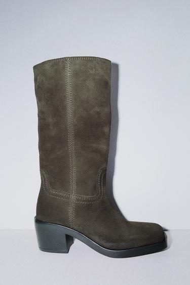 SPLIT SUEDE CONTRAST STITCH BOOTS - Khaki Green by Zara