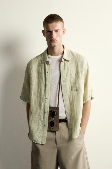 100% LINEN JACQUARD STRIPED SHIRT - Light green by Zara