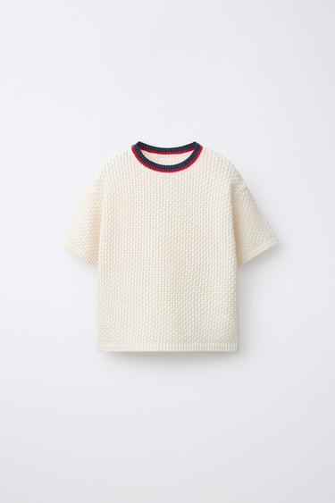 KNIT T-SHIRT WITH CONTRAST COLLAR - Ecru by Zara