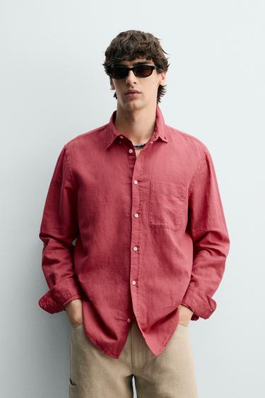 REGULAR FIT LINEN/COTTON SHIRT - Coral by Zara