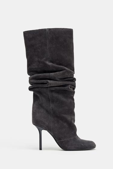 GATHERED LEATHER BOOTS - Grey by Zara