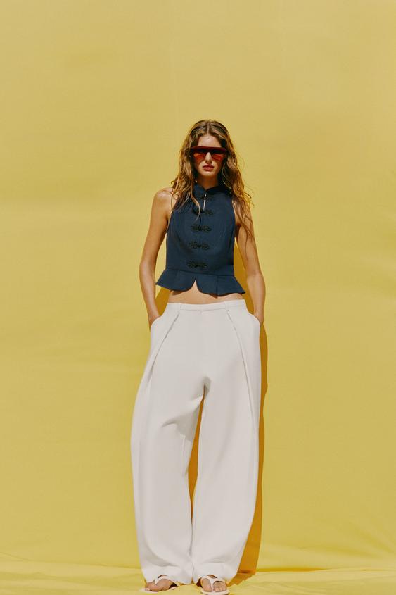 LINEN BLEND PEPLUM TOP WITH FROG FASTENING - Indigo by Zara - Image 0