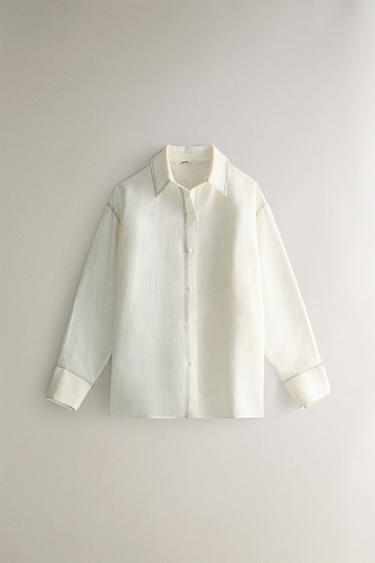 LINEN SHIRT WITH TOPSTITCHING - Ecru by Zara - Image 0