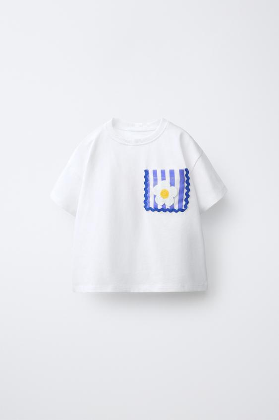 CROCHET KNIT FLORAL POCKET T-SHIRT - White by Zara - Image 0