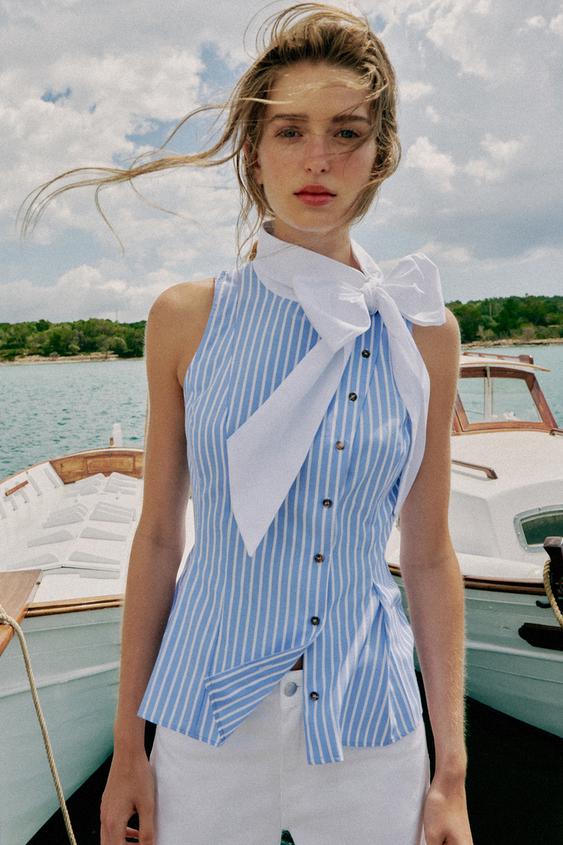 STRIPED TIE-NECK SLEEVELESS SHIRT - Blue/White by Zara - Image 0
