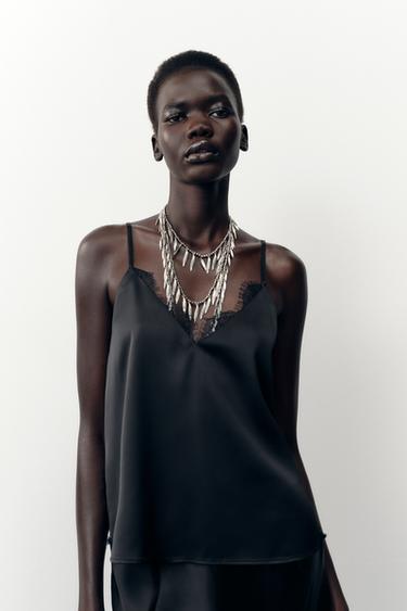 SATIN TOP WITH LACE - Black by Zara