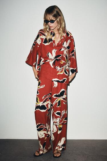 FLORAL PRINT LINEN BLEND TROUSERS - Multicoloured by Zara