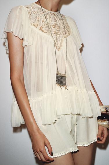 EMBROIDERED FLOWING BLOUSE - Vanilla by Zara